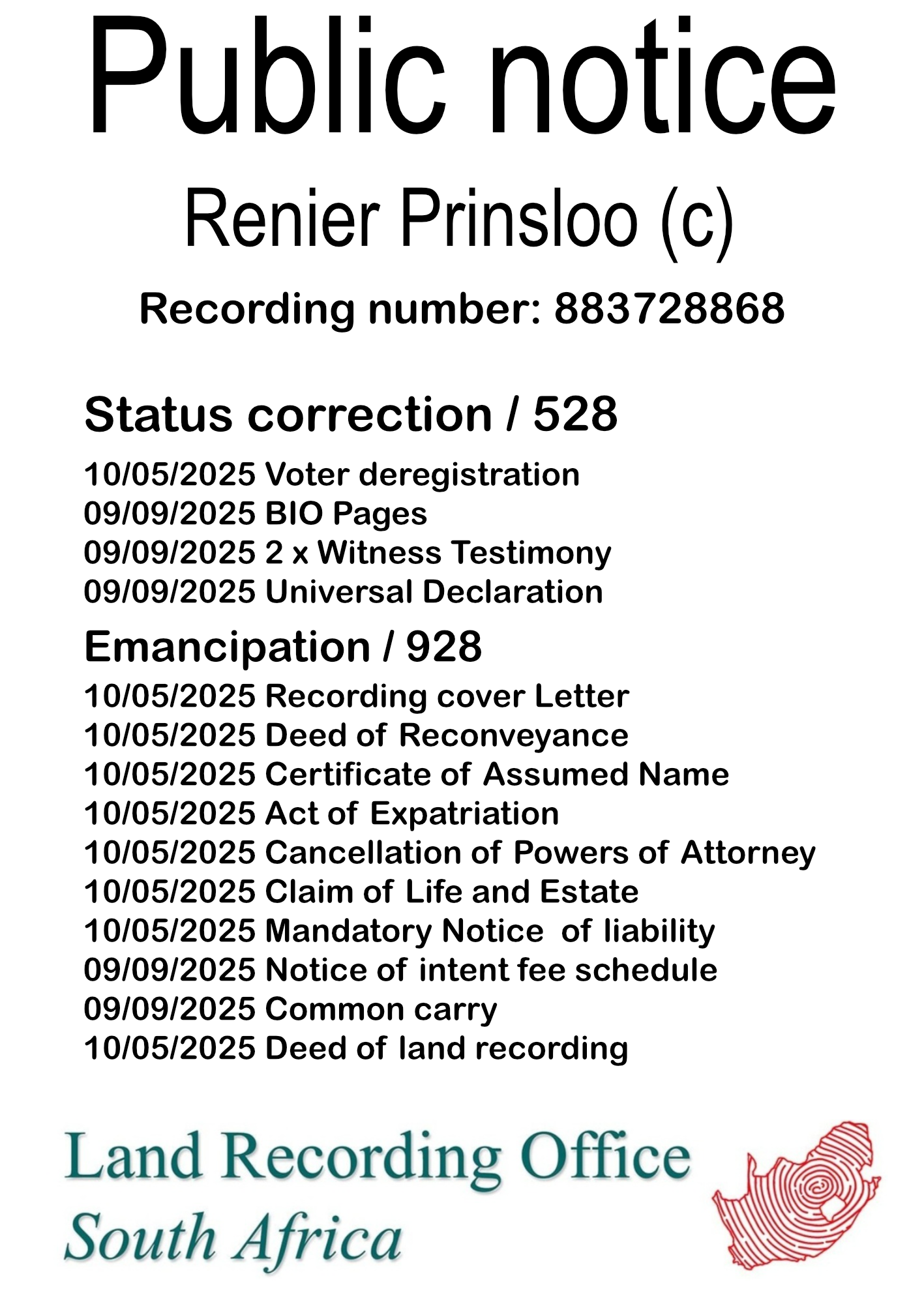 Public notice Renier Prinsloo Recording number 883728868